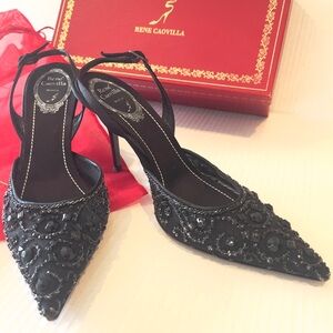 RENE CAOVILLA Black Beaded Toe Heels Slingback Womens Shoes Size 8  38 Like New!